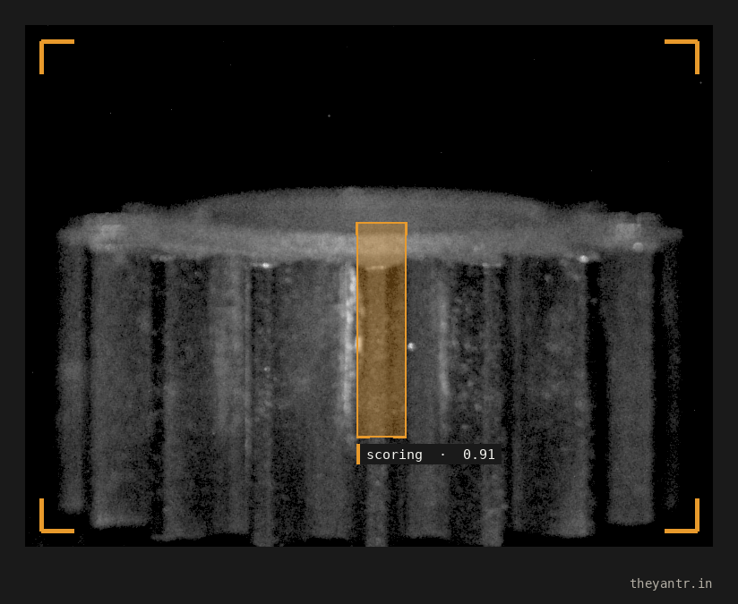 Scoring defect detection on a gear, confidence 0.91