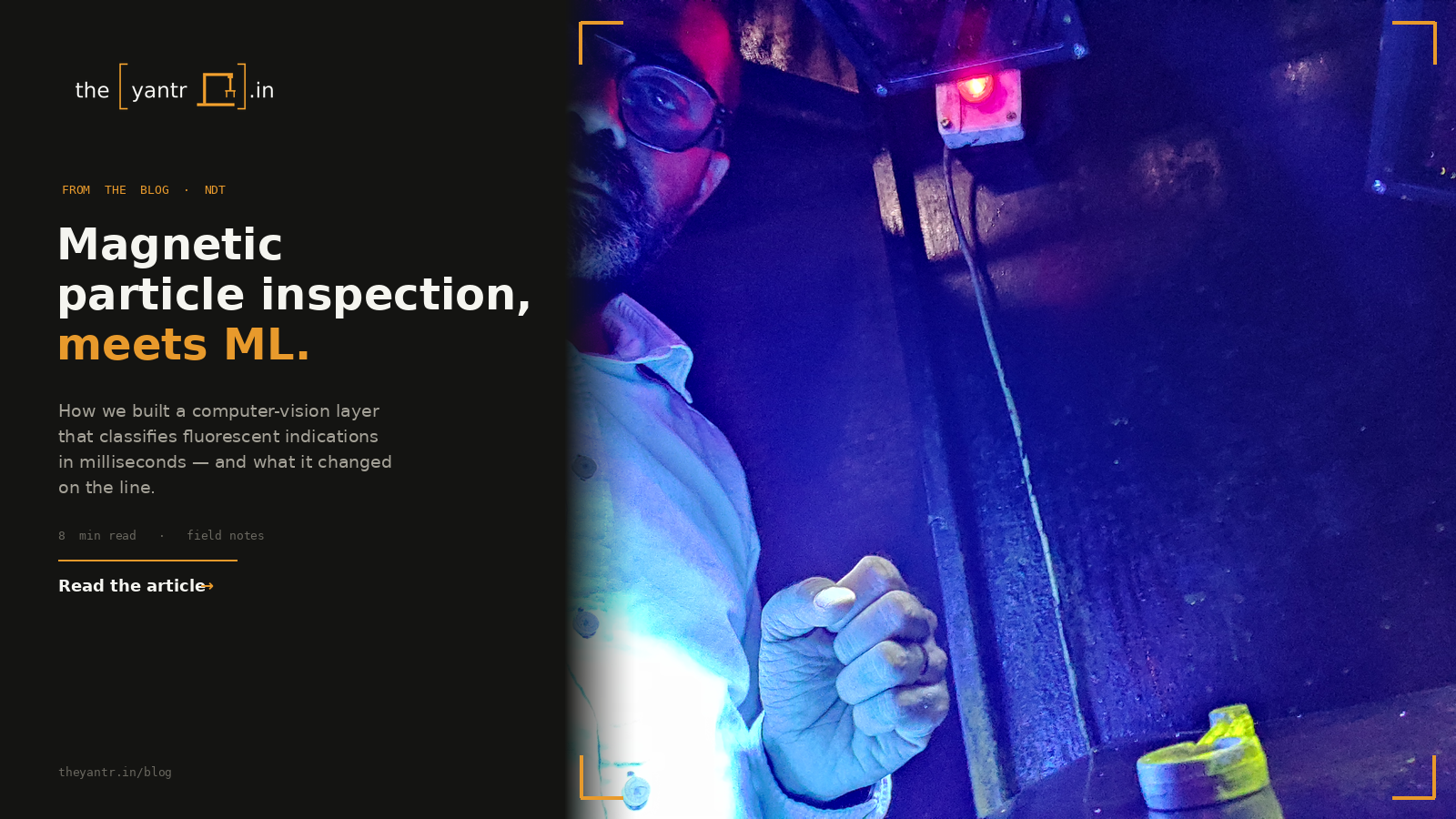 Inspector in an MPI booth — read the article: Magnetic particle inspection, meets ML.
